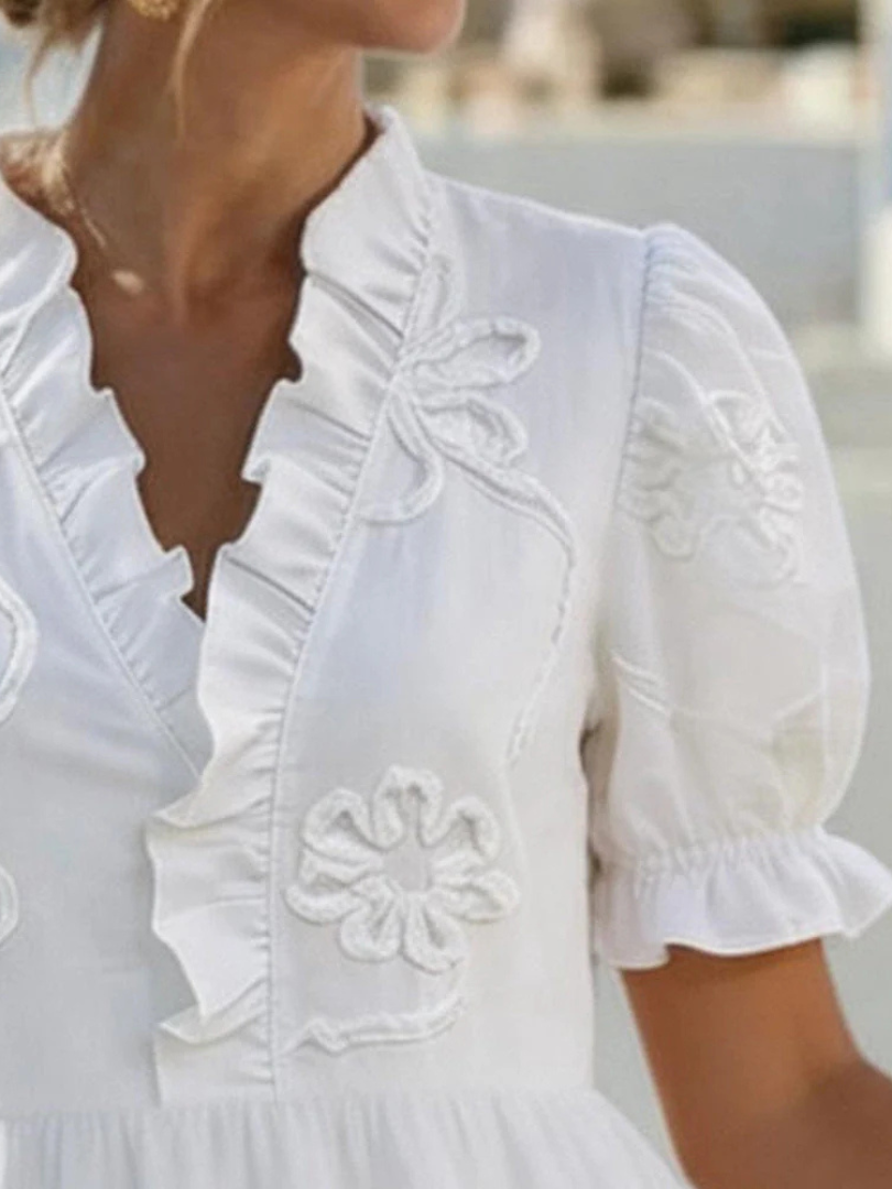 Bellina™ | Embroidered Ruffle V-Neck Puff Sleeve Dress