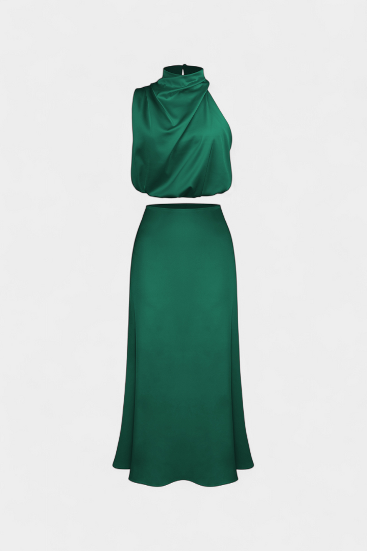 Hanna Two-Piece Draped Halter Neck Set with Open Back Design