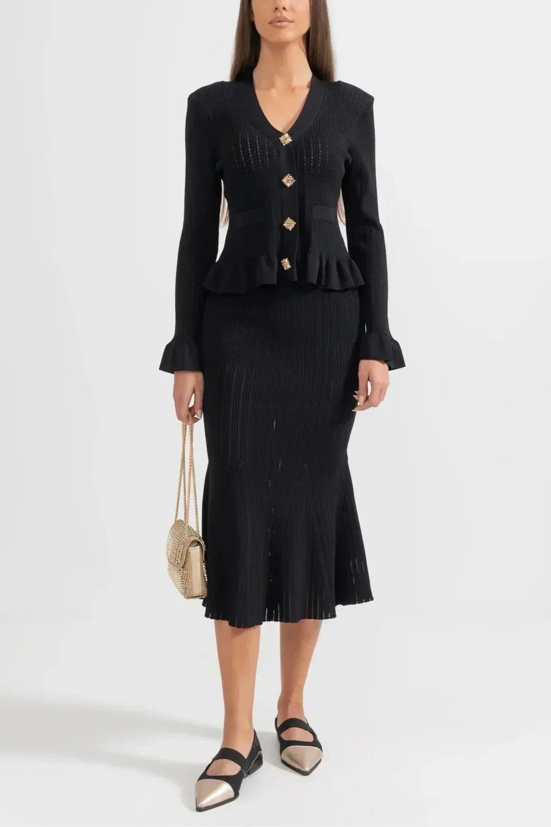 Prudence Knit Ensemble: Ruffled Cardigan and Flared Midi Skirt