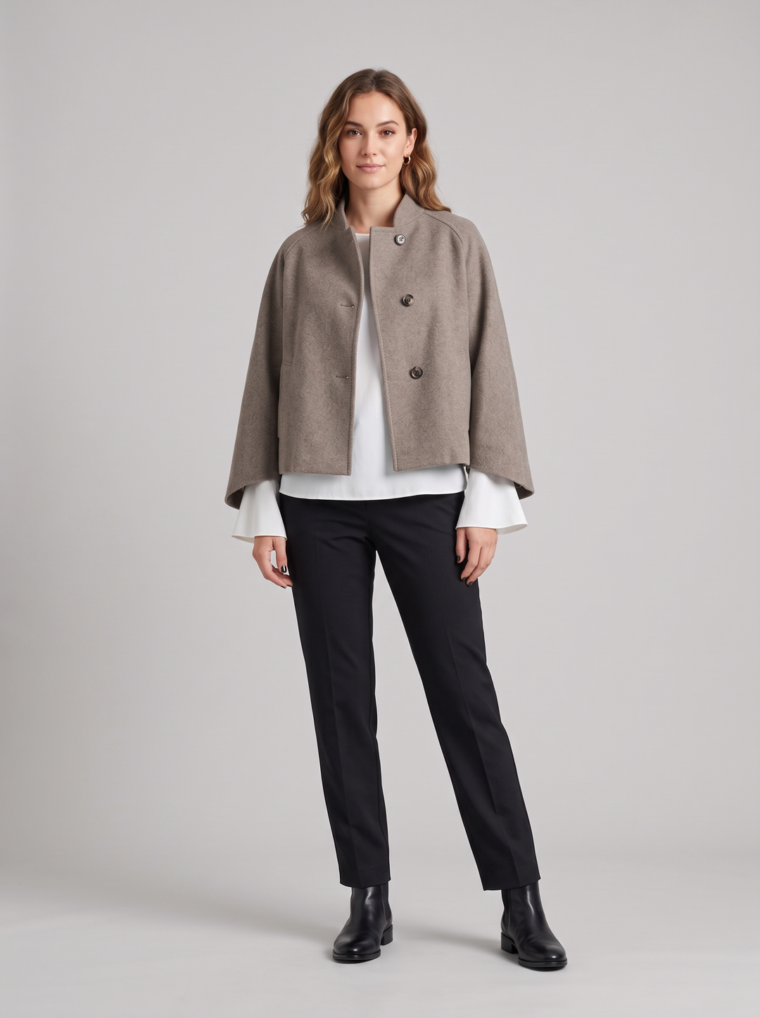 Lauren | Women's Cozy Cropped Autumn Jacket, worn by a model, full-length studio photo