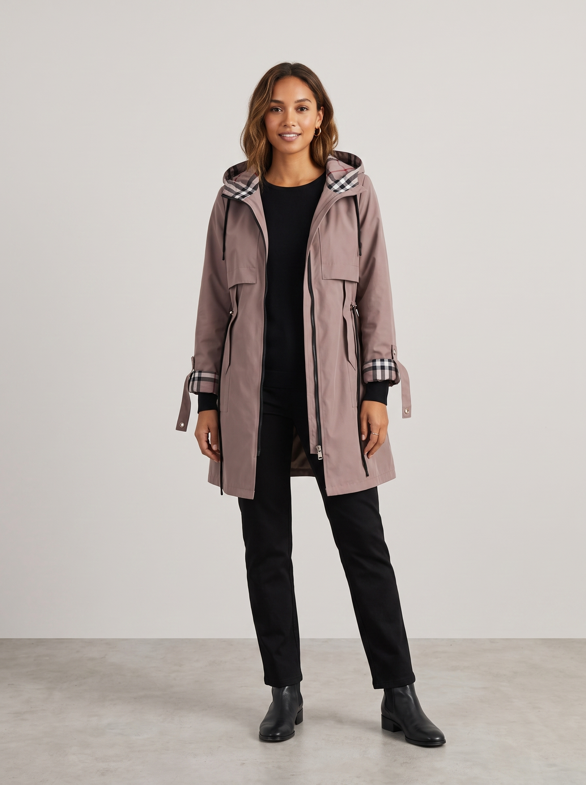 Yvonne | Women's Hooded Zip Coat, worn by a model, full-length studio photo