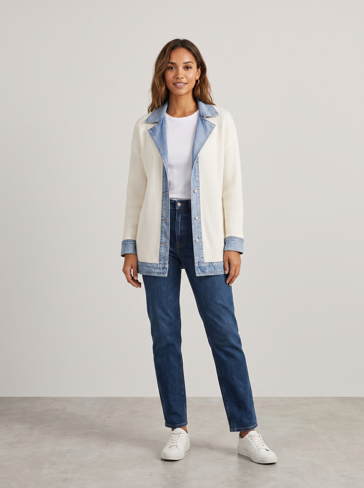 Kristen | Women's Knit Denim Autumn Jacket, worn by a model, full-length studio photo