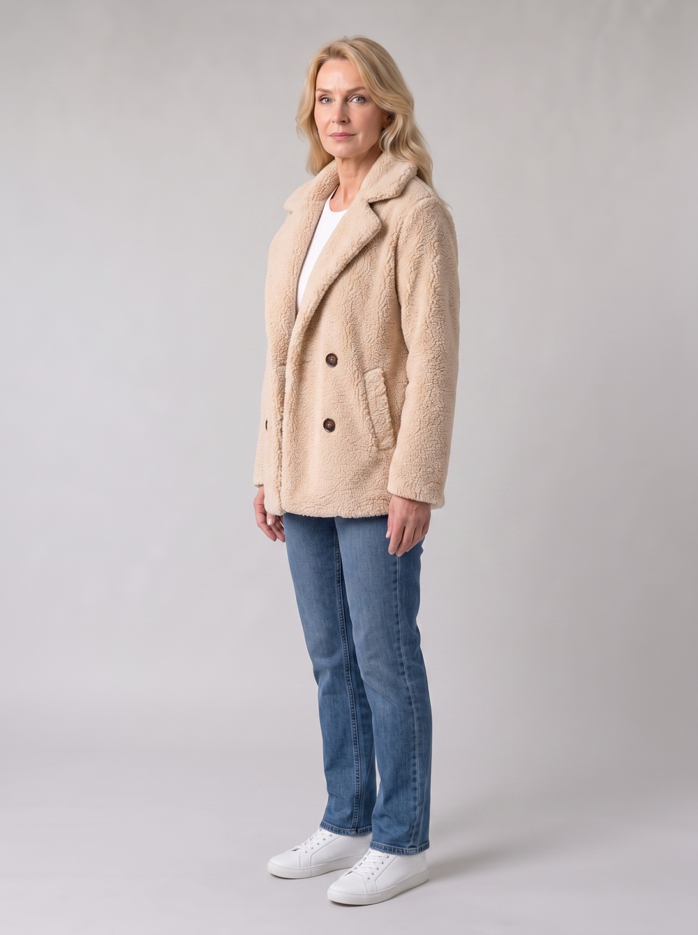 Holly | Women's Plush Teddy Coat, side three-quarter view, studio photo