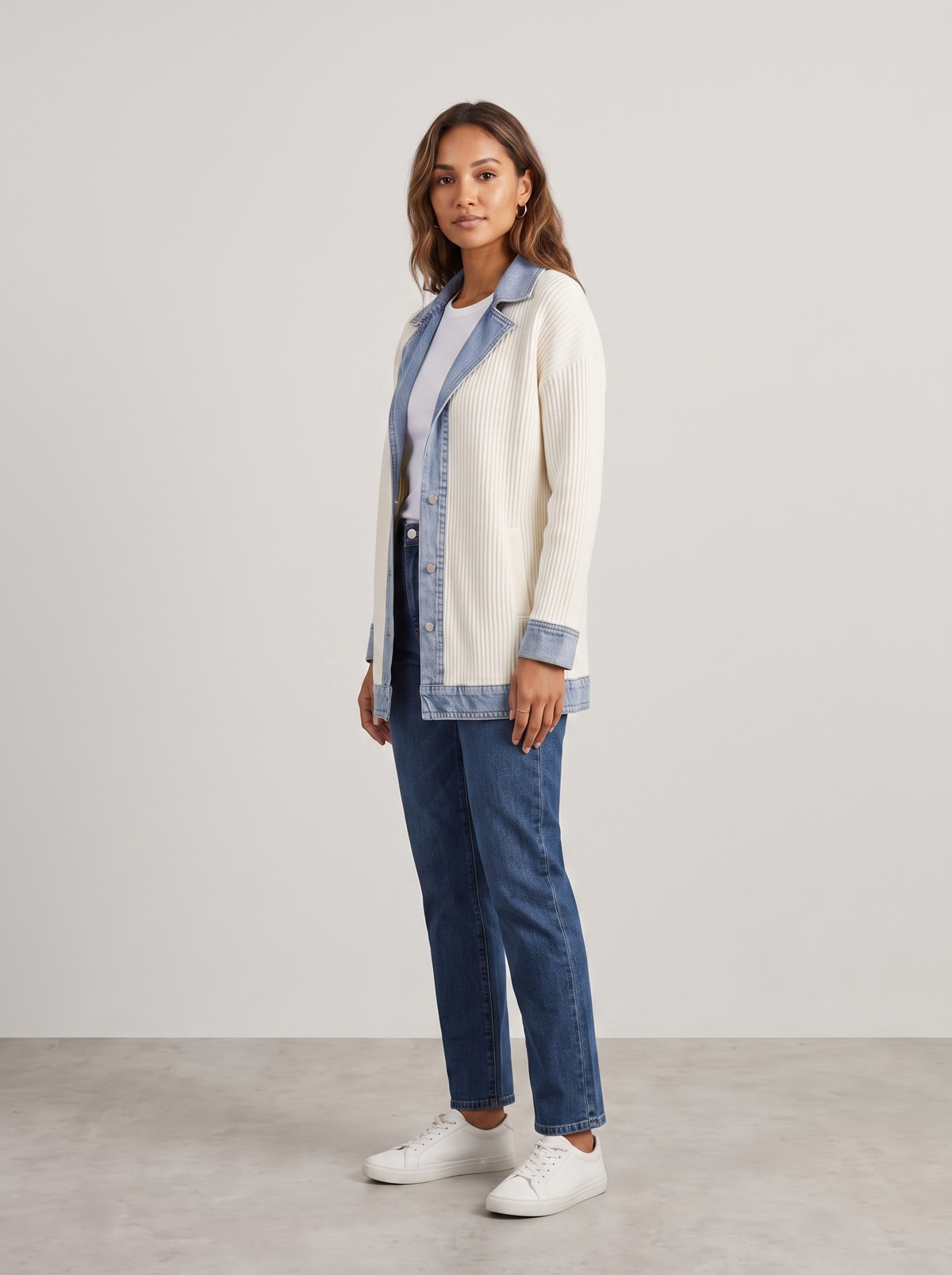 Kristen | Women's Knit Denim Autumn Jacket, side three-quarter view, studio photo
