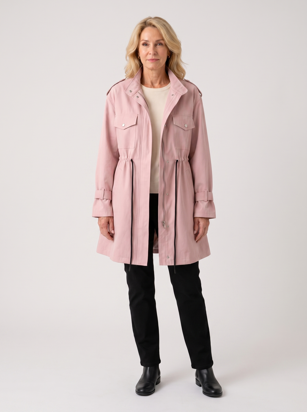 Meredith | Women's Custom-Fit Wool Blend Overcoat in pink, worn by a model, full-length studio photo
