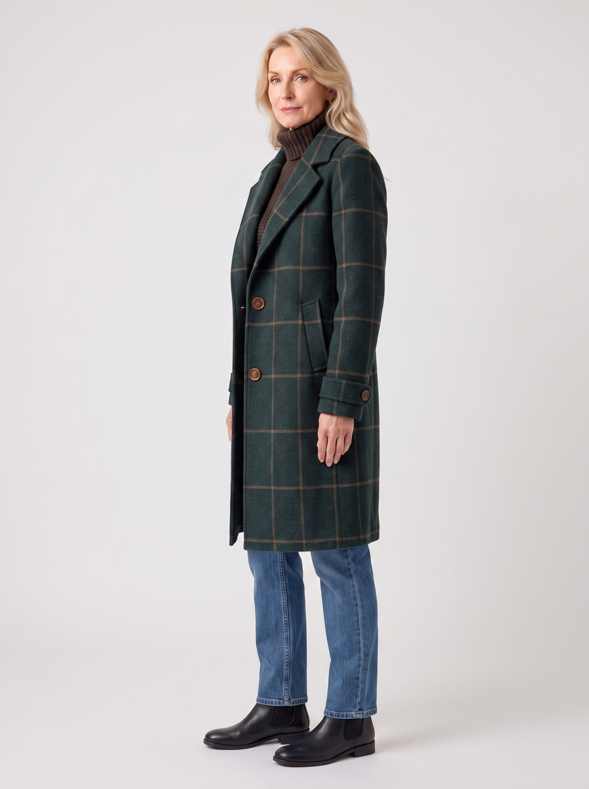 Bethany | Women's Timeless Checkered Overcoat, side three-quarter view, studio photo