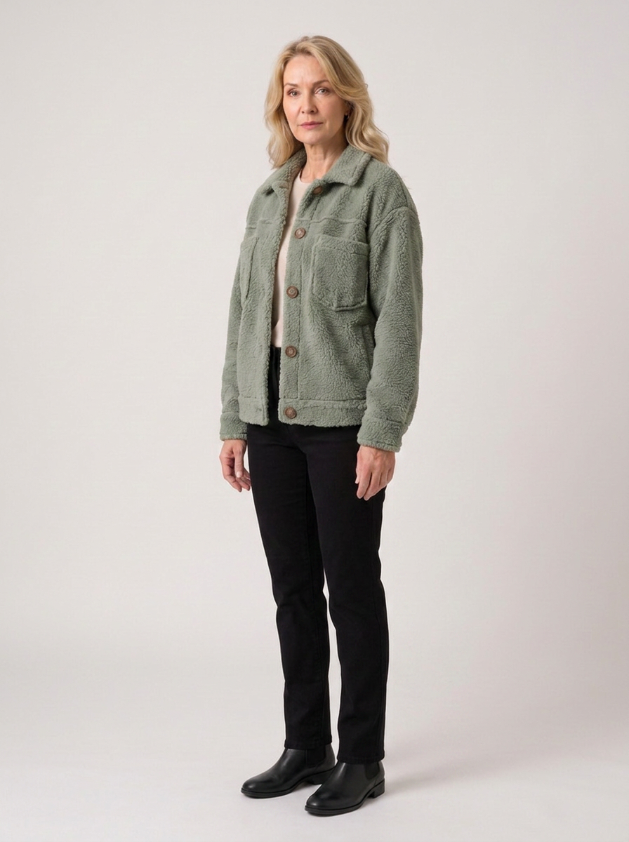 Megan | Women's Cozy Fleece Jacket, side three-quarter view, studio photo