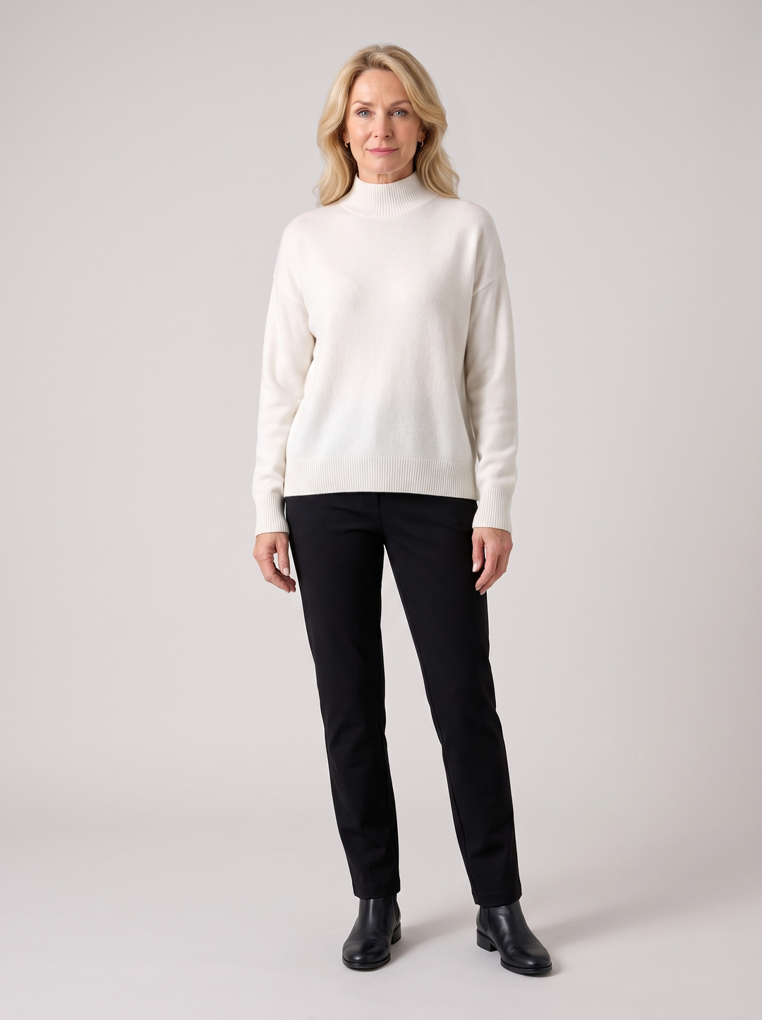Elaine | Women's Cozy Mock-Neck Knit Sweater, worn by a model, full-length studio photo