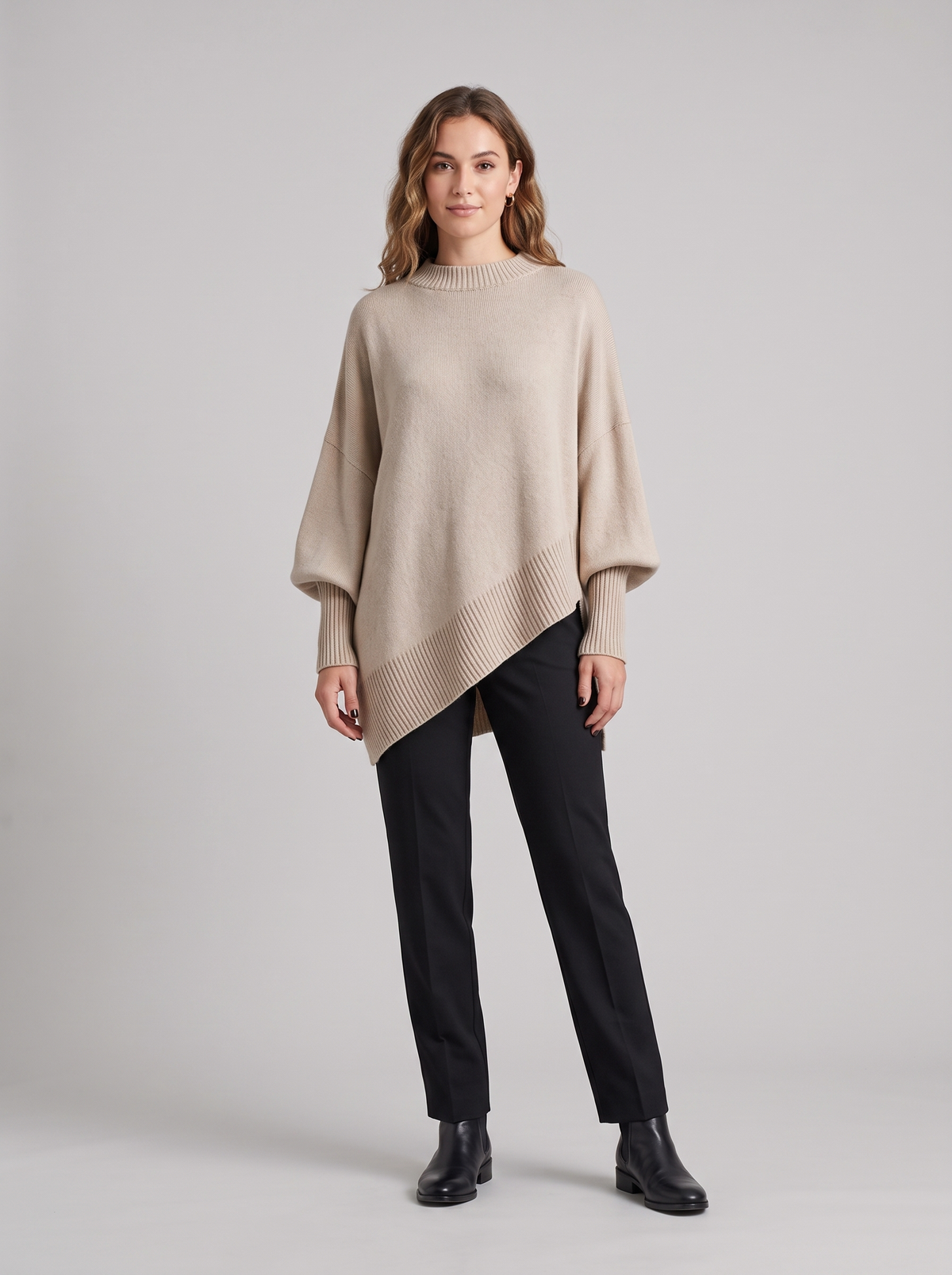 Beverly | Women's Cozy Layered Knit Sweater, worn by a model, full-length studio photo