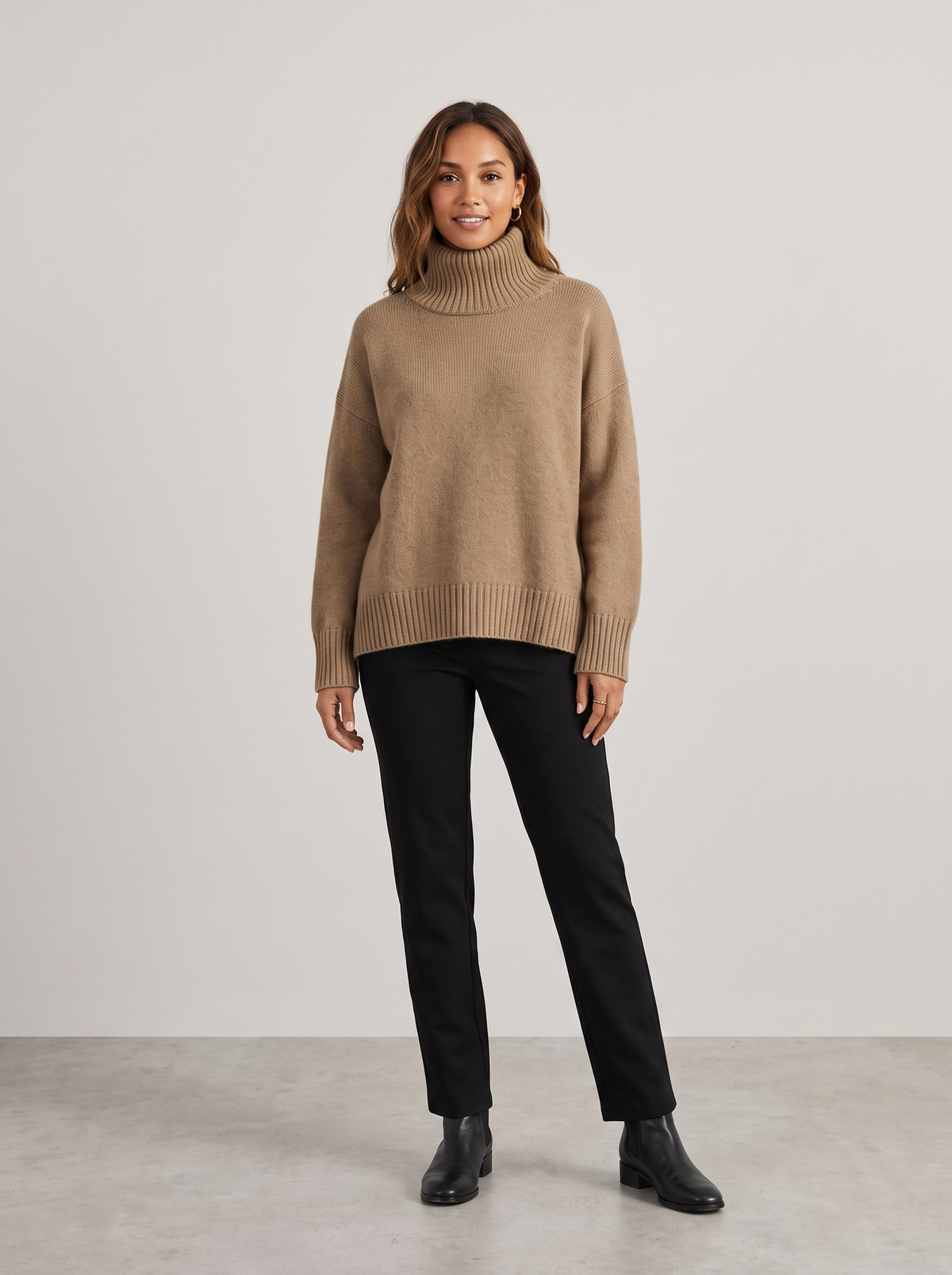 Cynthia | Women's Cozy Relaxed Fit Turtleneck Sweater, worn by a model, full-length studio photo