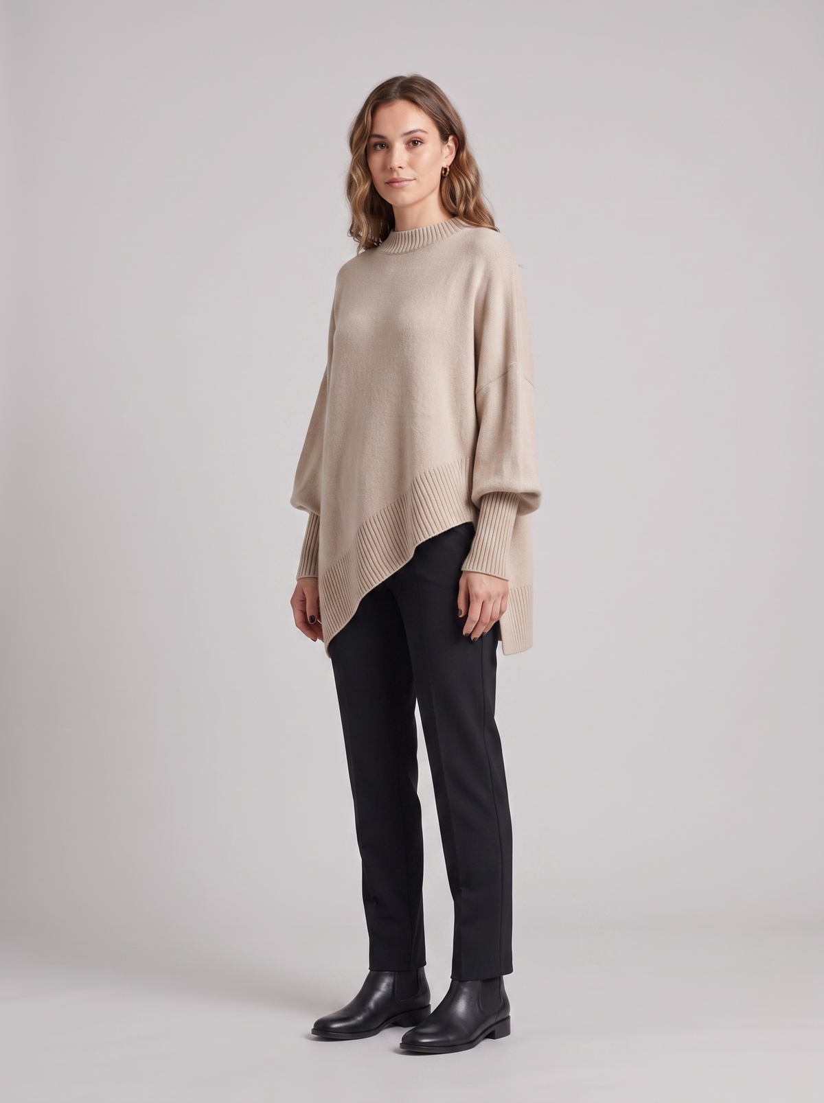 Beverly | Women's Cozy Layered Knit Sweater, side three-quarter view, studio photo