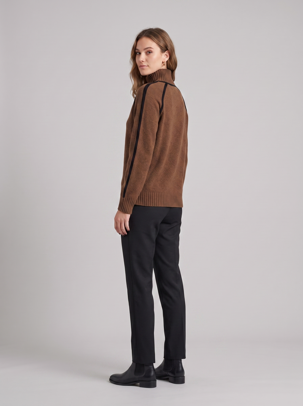 Monica | Women's Two-Tone Turtleneck Sweater, side three-quarter view, studio photo