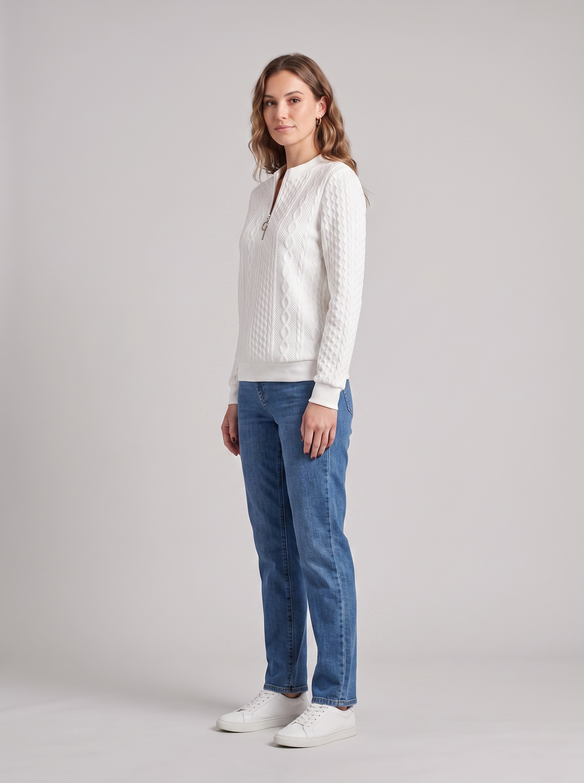 Heidi | Women's Cozy Textured Quarter-Zip Pullover, side three-quarter view, studio photo