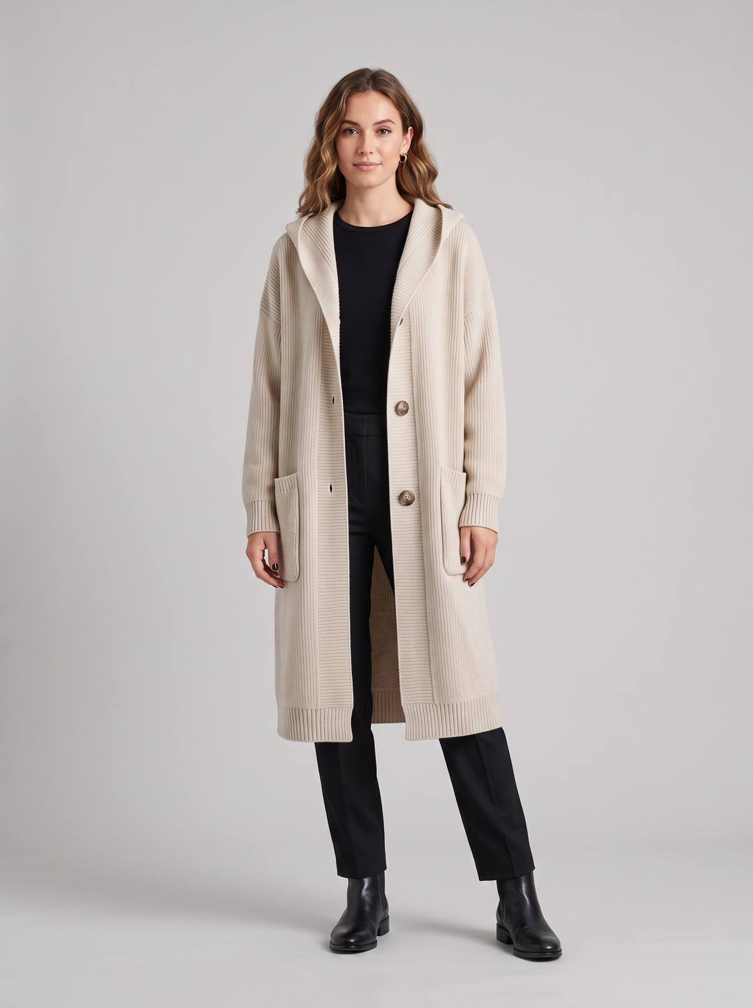 Catherine | Women's Extended Knit Cardigan, worn by a model, full-length studio photo