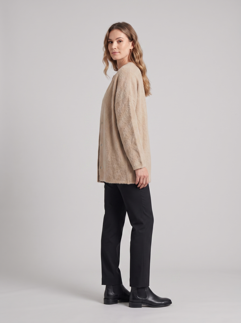 Lorraine | Women's Textured Button Cardigan, side three-quarter view, studio photo