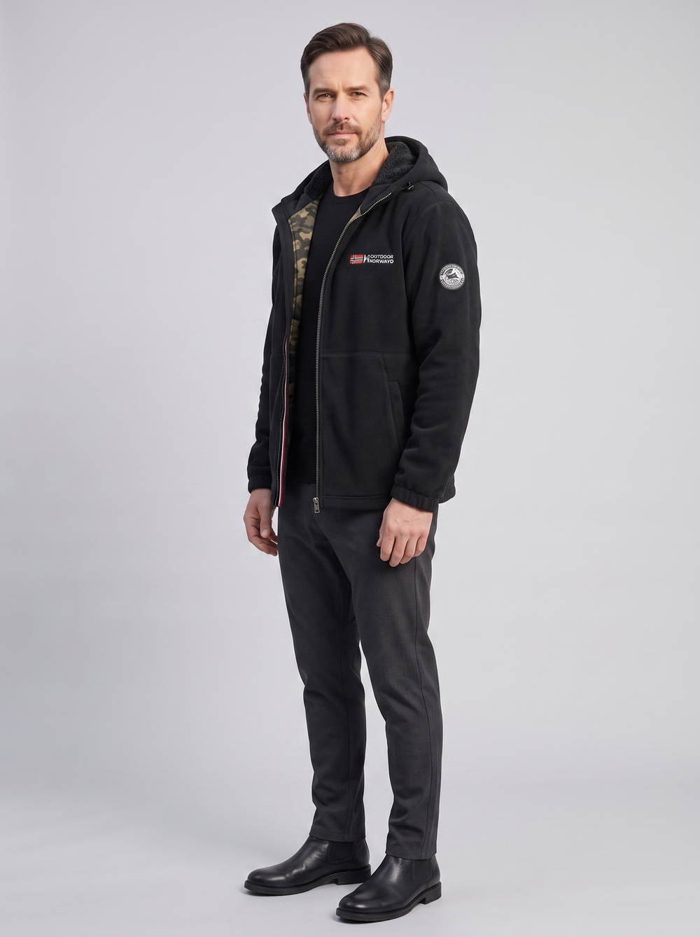 Men's Chic Thermal Fleece Jacket, side three-quarter view, studio photo