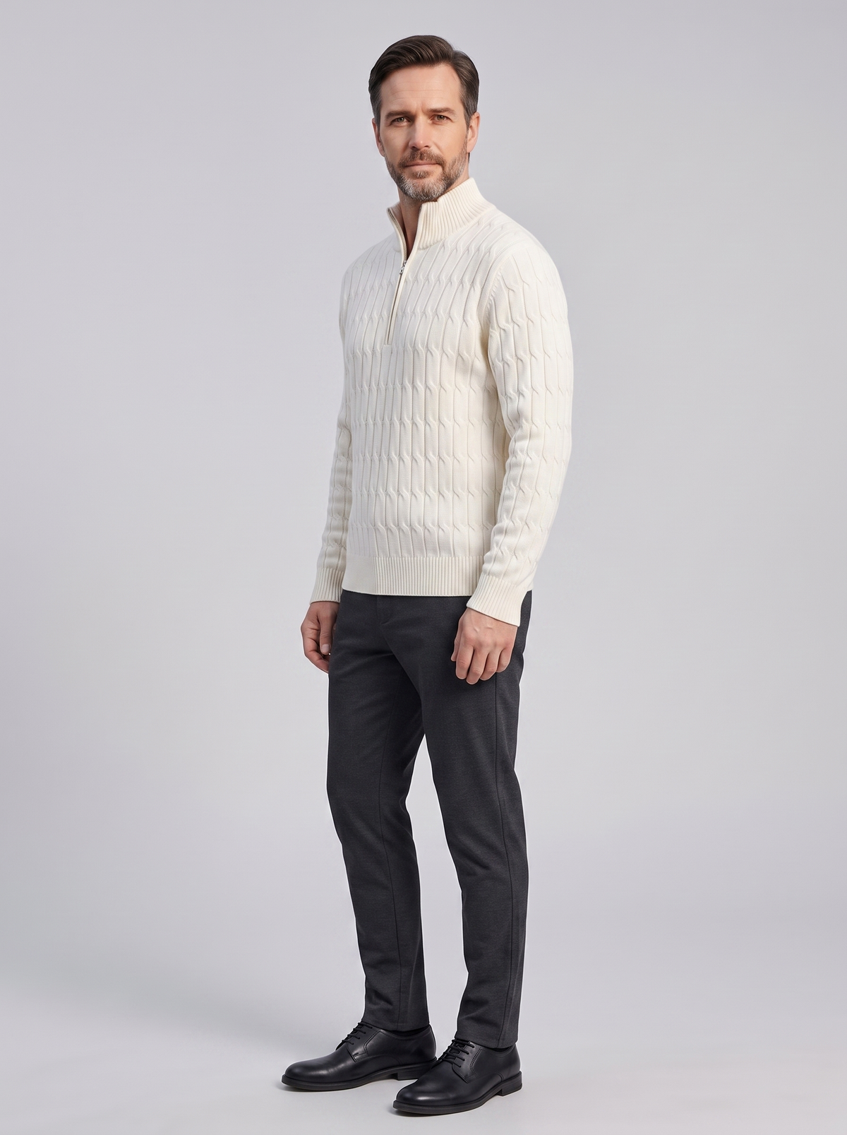 Gwangju Men's Half-Zip Pullover, side three-quarter view, studio photo