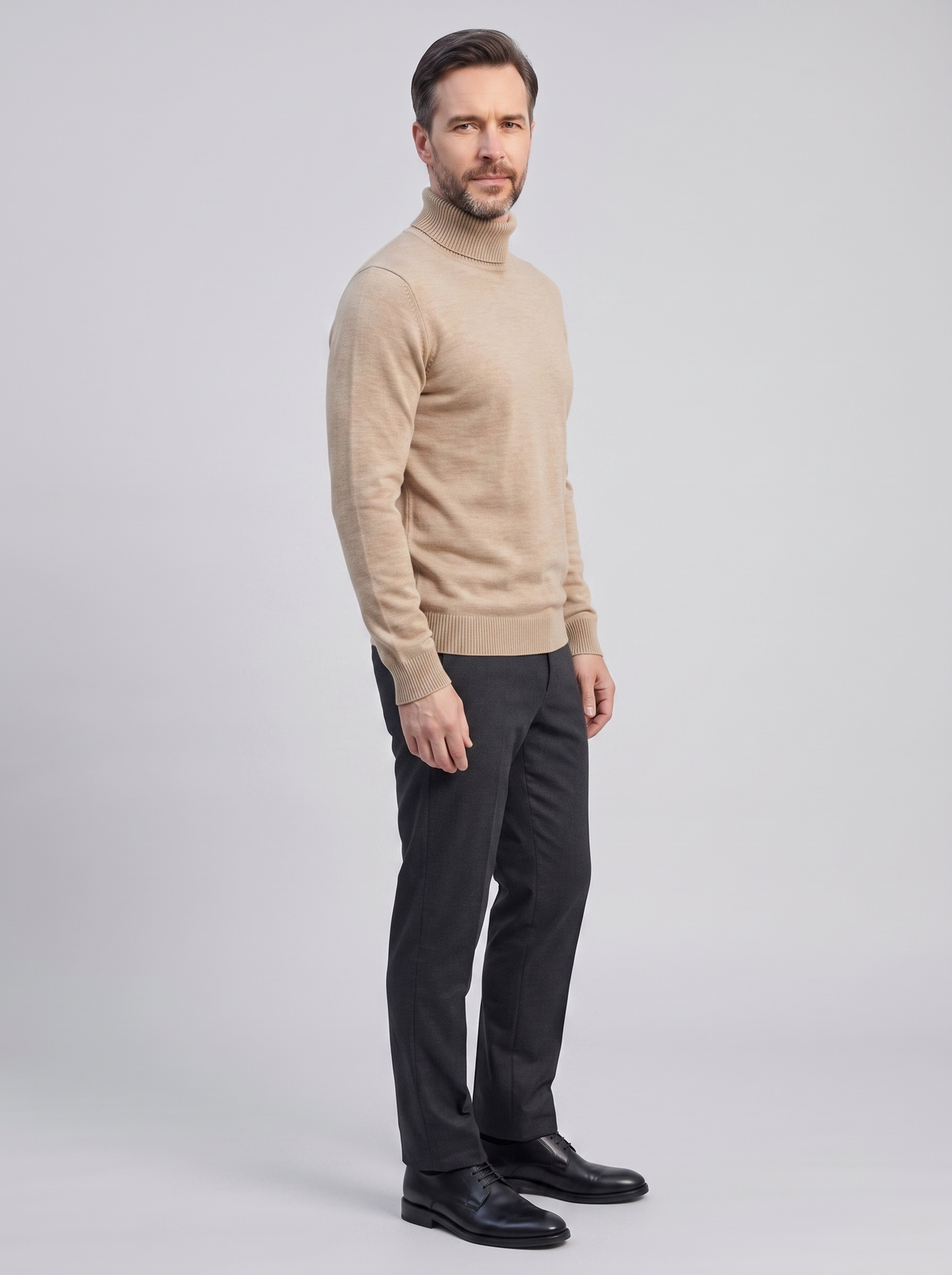 JANGSAN Men's Merino Wool Turtleneck Sweater, side three-quarter view, studio photo
