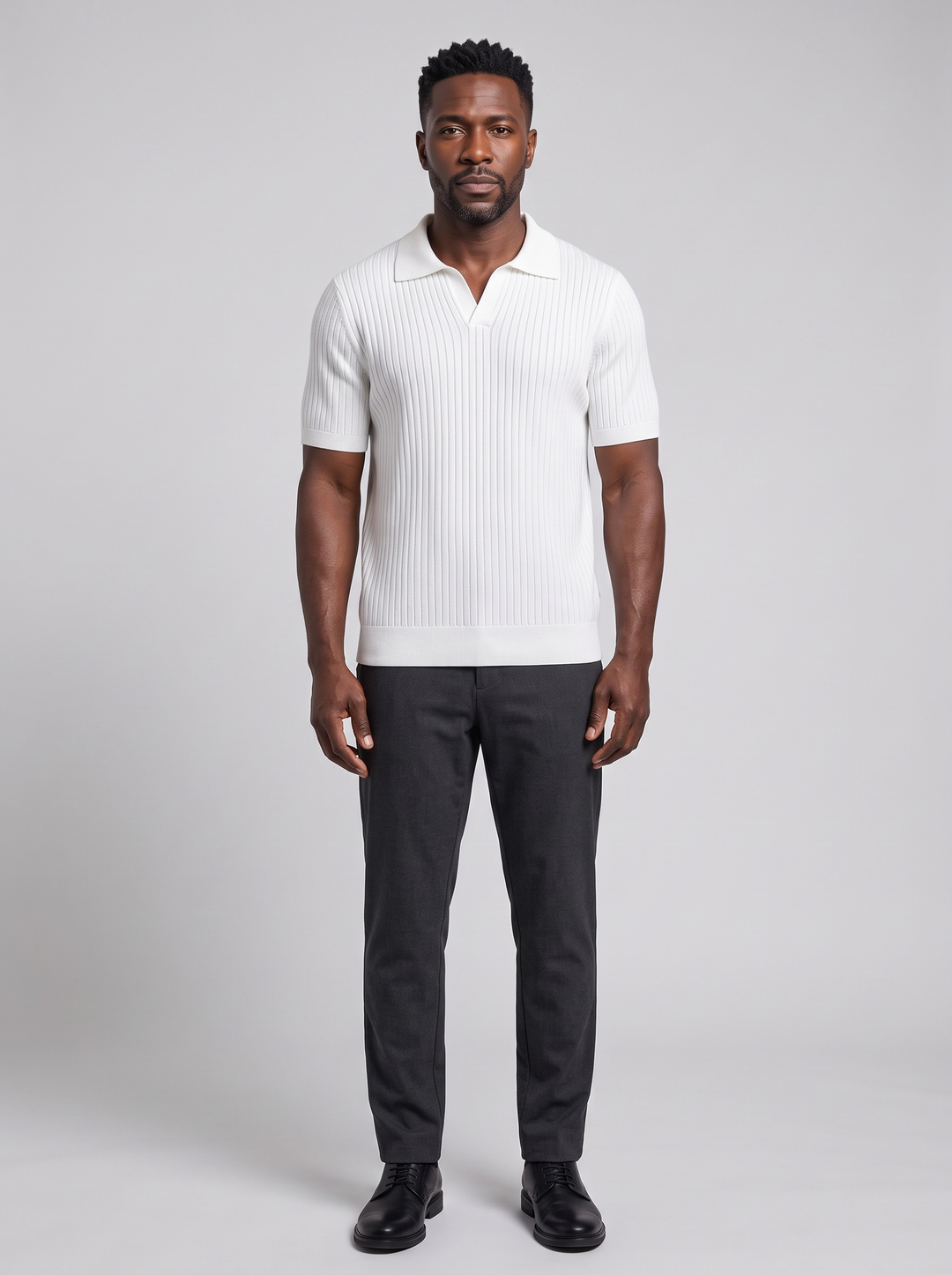 CHUNCHEON Men's Relaxed Fit Polo Sweater, worn by a model, full-length studio photo