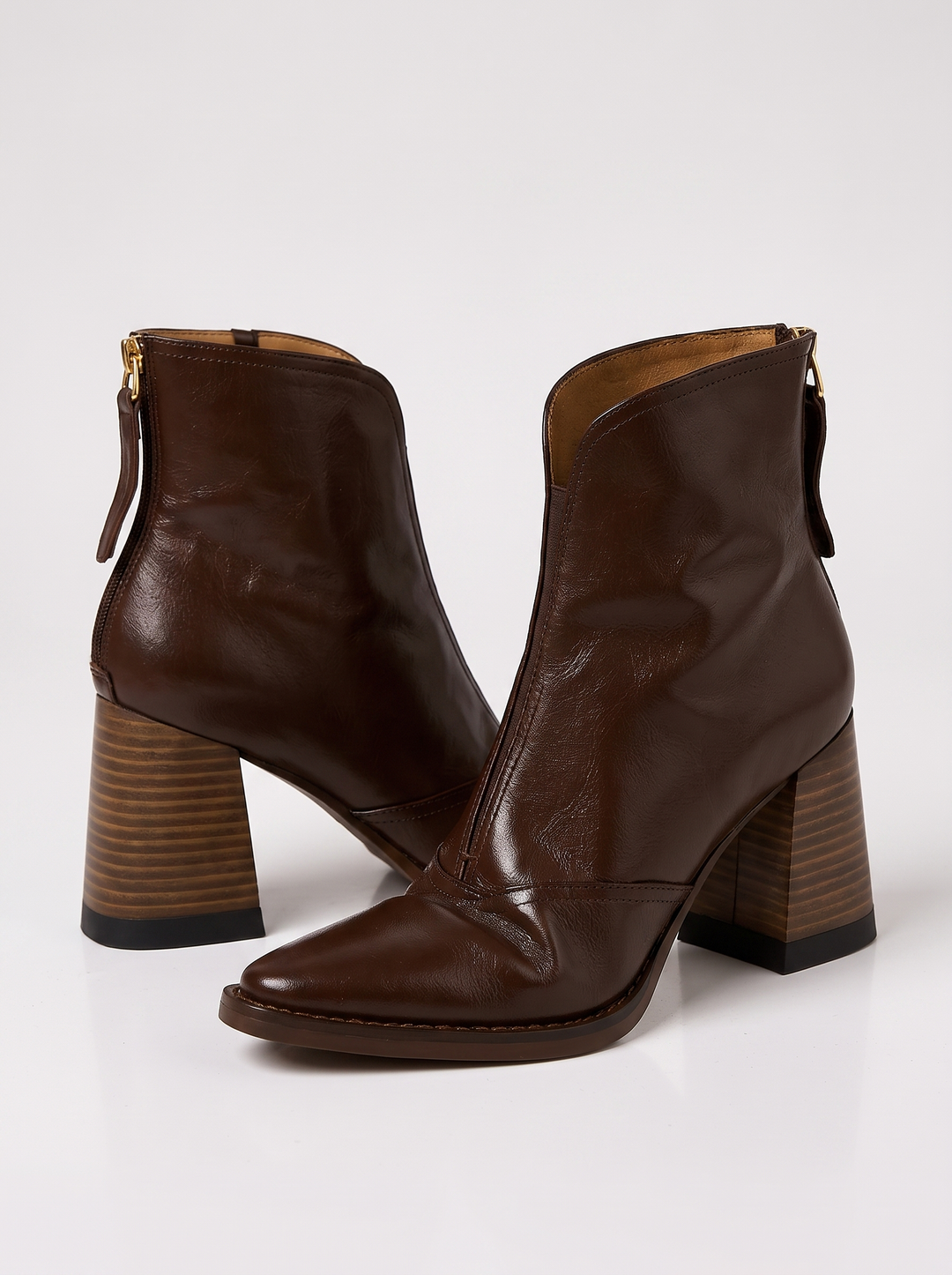 Rochelle women's brown leather mid-heel ankle boots, pair, three-quarter view