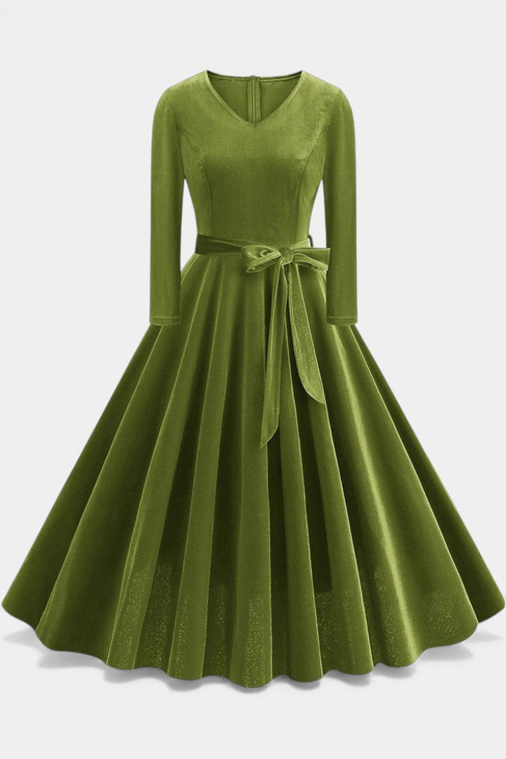 Almena V-Neck Midi Velvet Dress - Elegant and Perfect for Festive Occasions