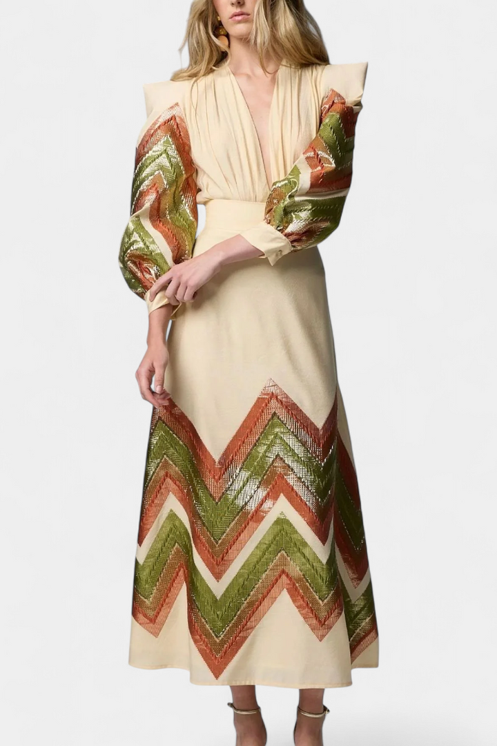 Avenza Puff Sleeve Bodysuit with Chevron Print Midi Skirt