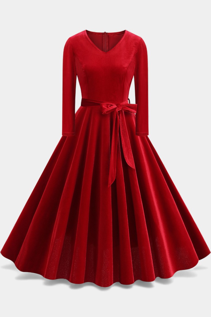 Almena V-Neck Midi Velvet Dress - Elegant and Perfect for Festive Occasions