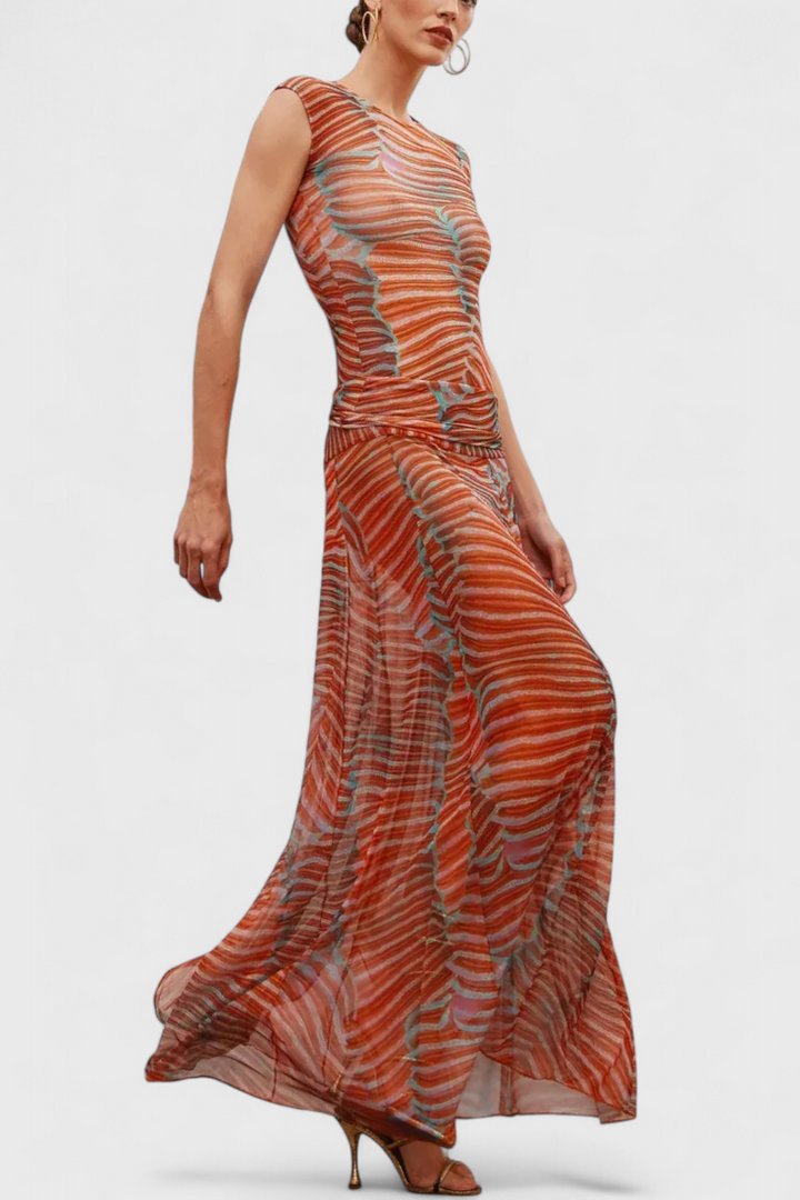 Silvina Set in Vibrant Psychedelic Wave Print with Flowing Midi Skirt