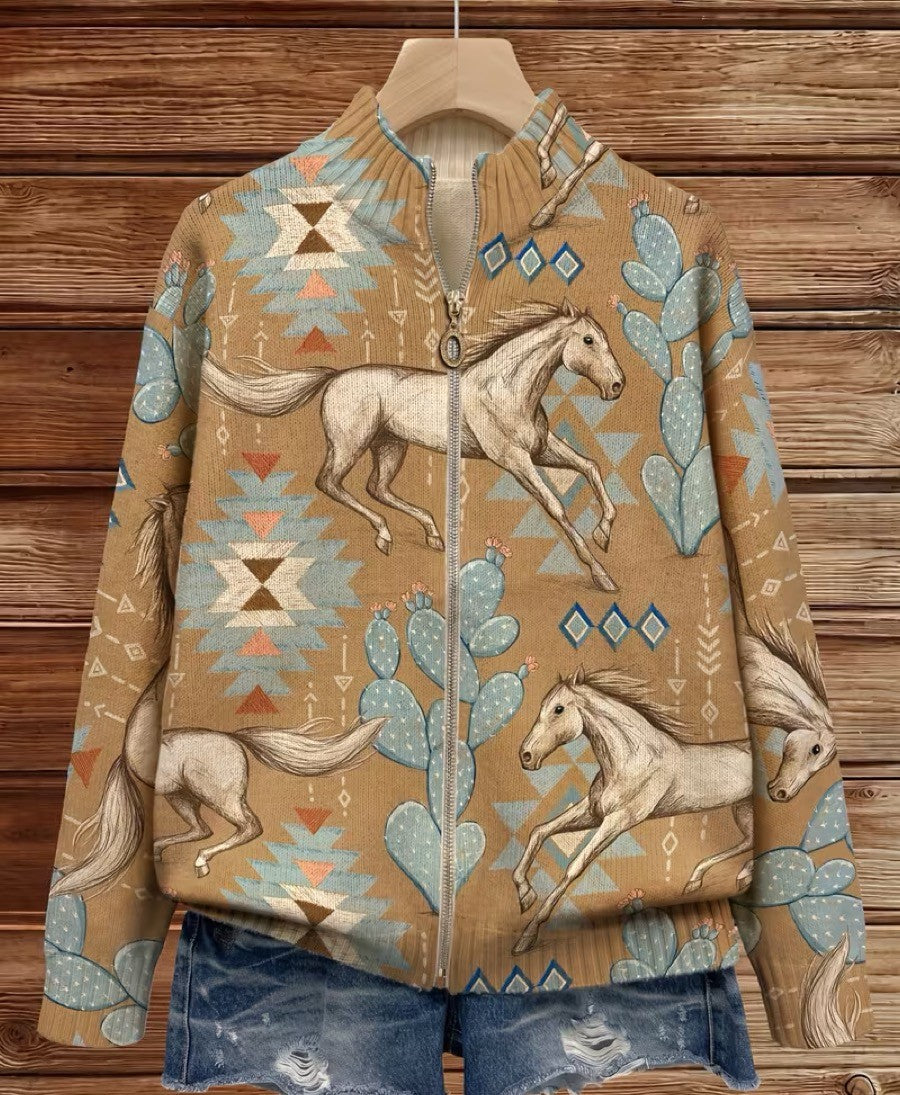 Perpetua™ | Desert Horse and Cactus Zip Cardigan