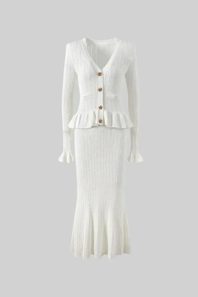 Prudence Knit Ensemble: Ruffled Cardigan and Flared Midi Skirt