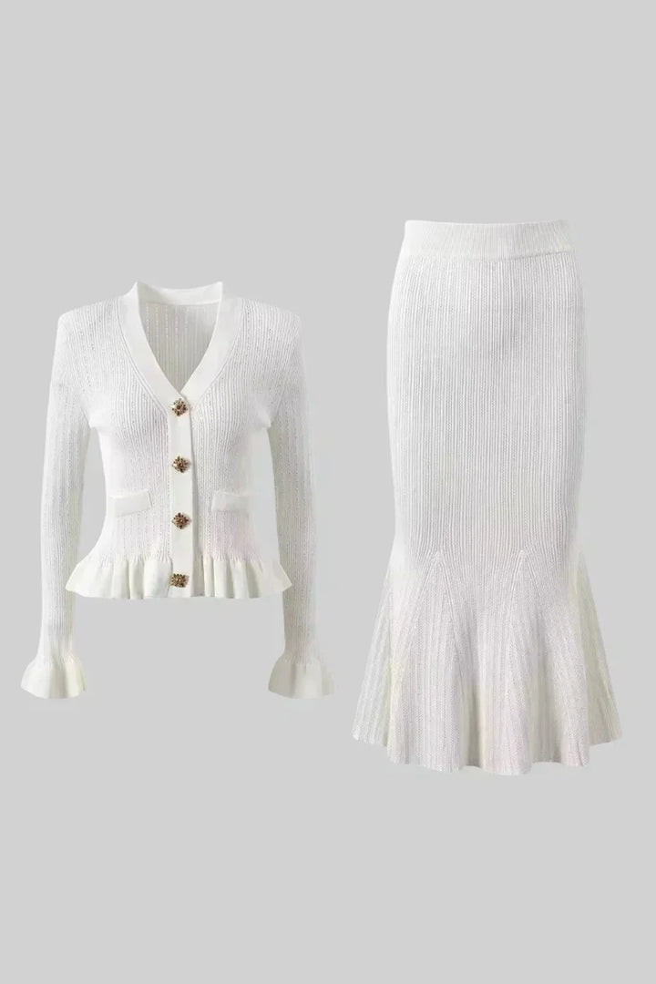 Prudence Knit Ensemble: Ruffled Cardigan and Flared Midi Skirt
